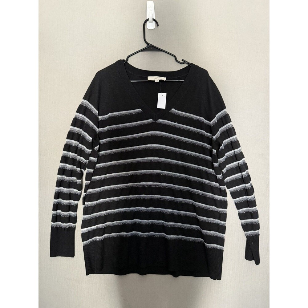 LOFT Sweater Women's XL Extra Large Black White Striped Stretch V- Neck Soft New